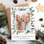Cartes Pour Fêtes Annuelles Merry Christmas Greenery Photo Card<br><div class="desc">Merry Christmas Photo Card and customized picture and name with Holiday Greenery,  Holly Berries and Red Background.</div>