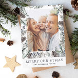 Cartes Pour Fêtes Annuelles Merry Christmas Greenery Photo Card<br><div class="desc">Merry Christmas Photo Card and customized picture and name with Holiday Greenery,  Pinecones,  Pine Branches and Green Background.</div>