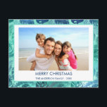 CARTES POUR FÊTES ANNUELLES MERRY CHRISTMAS HAWAIIAN TROPICAL BEACH PHOTO<br><div class="desc">Blue and Green Turquoise incandescent Faux Foil Merry Christmas Hawaiian Tropical Palm Leaf Family Photo Christmas Holiday Card. The picture and familiy name can be replaced on this simple beach or coastal vacation Christmas Family Photo Card.</div>