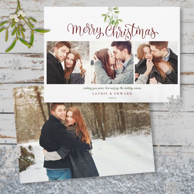 Cartes Pour Fêtes Annuelles Merry Christmas Mistletoe Modern Couples 4 Photo (Merry Christmas Mistletoe Modern Couples 4 Photo Holiday Card)