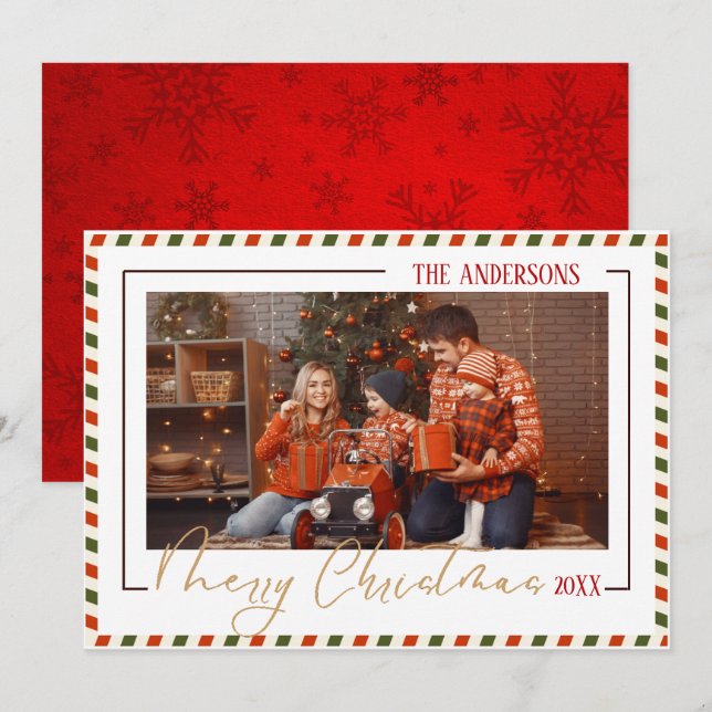 Cartes Pour Fêtes Annuelles Merry Christmas modern chic 1 family photo red  (Devant / Derrière)
