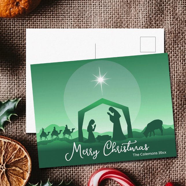 Cartes Pour Fêtes Annuelles Merry Christmas Nativity Scene Green Religious (Créateur téléchargé)