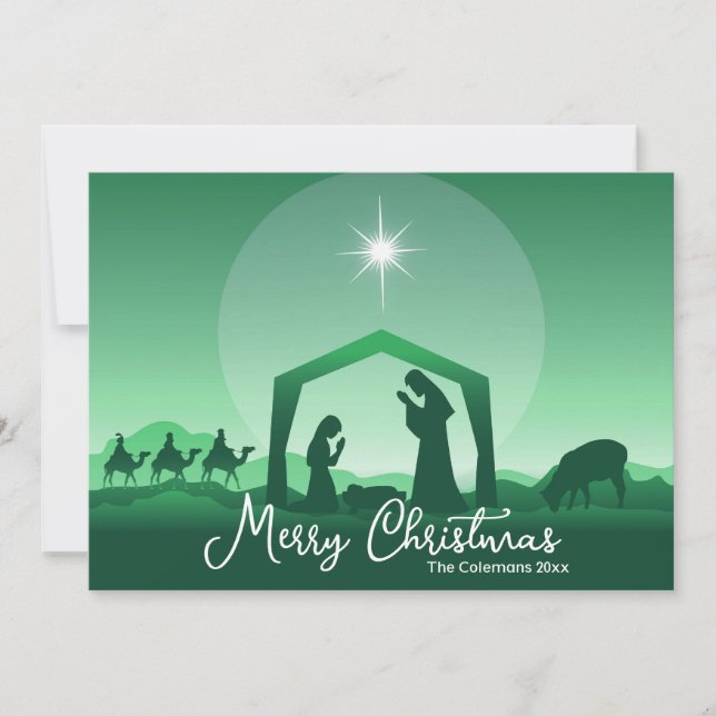 Cartes Pour Fêtes Annuelles Merry Christmas Nativity Scene Green Religious (Devant)