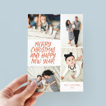 Cartes Pour Fêtes Annuelles Merry Christmas New Year Red 4 Photo Collage<br><div class="desc">This stylish and festive multi-photo holiday card features handwritten styled type with a photo collage showcasing 4 of your photos. The back side features a floating dot pattern in matching colors. Just add your photos and text with a few taps and clicks and you're done. To customize even further, click...</div>