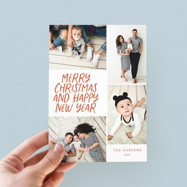 Cartes Pour Fêtes Annuelles Merry Christmas New Year Red 4 Photo Collage (Créateur téléchargé)