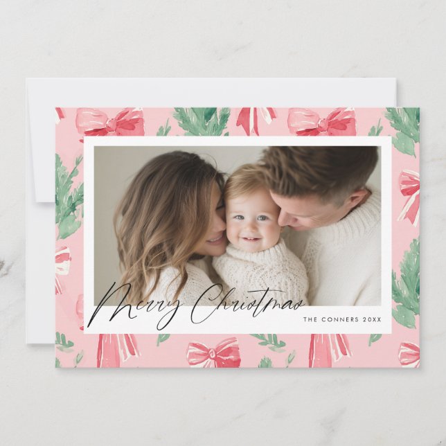 Cartes Pour Fêtes Annuelles Merry Christmas pink bows and green sprig (Devant)