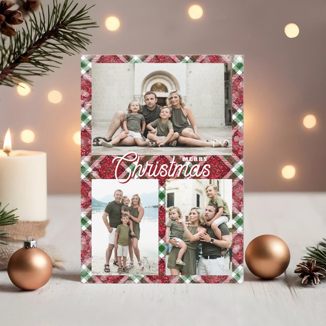Cartes Pour Fêtes Annuelles Merry Christmas Plaid 3 Photo Collage (Merry Christmas on plaid three photo collage flat holiday cards,  PRINTED and/or INSTANT DOWNLOAD)
