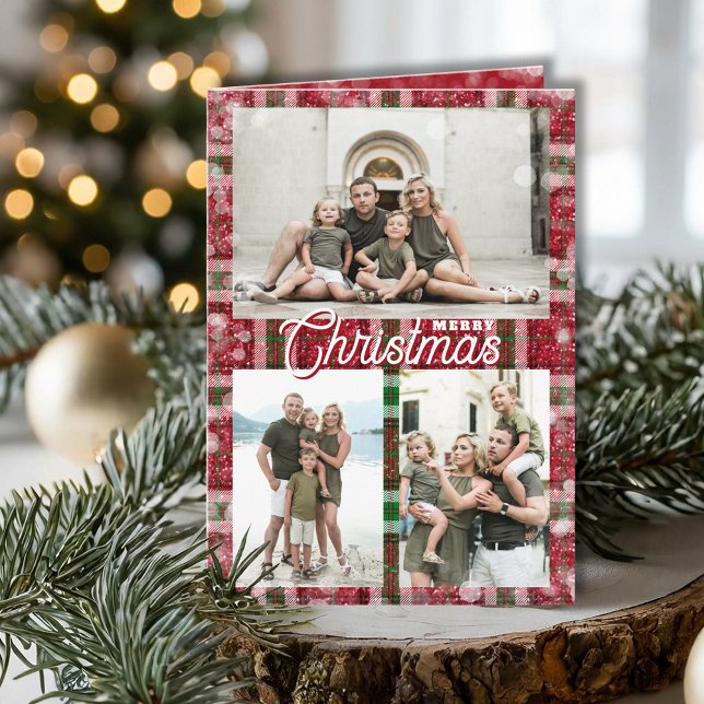 Cartes Pour Fêtes Annuelles Merry Christmas Plaid 3 Photo Collage Folded (Merry Christmas plaid 3 photo collage folded holiday cards, PRINTED and/or INSTANT DOWNLOAD)