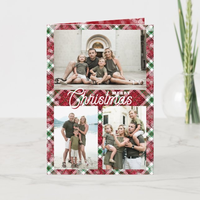 Cartes Pour Fêtes Annuelles Merry Christmas Plaid 3 Photo Folded (Devant)