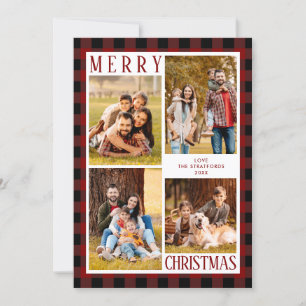 Cartes Pour Fêtes Annuelles MERRY CHRISTMAS Red Buffalo Plaid 4 Photo Collage
