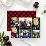 Cartes Pour Fêtes Annuelles Merry Christmas Red Buffalo Plaid Photo Collage<br><div class="desc">Simple et mode objets de la carte de Noël six (6),  photos,  a custom holiday greeting,  and a red and black buffalo check plaid pattern on the back side. Photo crédit: Two Fish Photographe www.twofishphoto.com</div>