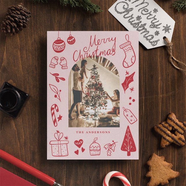 Cartes Pour Fêtes Annuelles Merry Christmas Red Cute Hand Drawn Doodles (Créateur téléchargé)