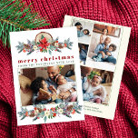 Cartes Pour Fêtes Annuelles Merry Christmas rustic red floral family collage<br><div class="desc">Rustic modern winter botanical Merry Christmas holiday card with red burgundy and sage green borders with pine cones,  berries,  boughs,  and foliage on a white background.             Personalize it with your wishes,  text,  signature,  and 5 family photo shoots (one photo on the front side and 4 on the reverse).</div>