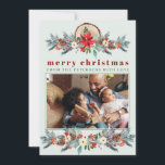 Cartes Pour Fêtes Annuelles Merry Christmas rustic red floral family collage<br><div class="desc">Rustic modern winter botanical Merry Christmas holiday card with red burgundy and sage green borders with pine cones,  berries,  boughs,  and foliage on a light mint background.             Personalize it with your wishes,  text,  signature,  and 5 family photo shoots (one photo on the front side and 4 on the reverse).</div>