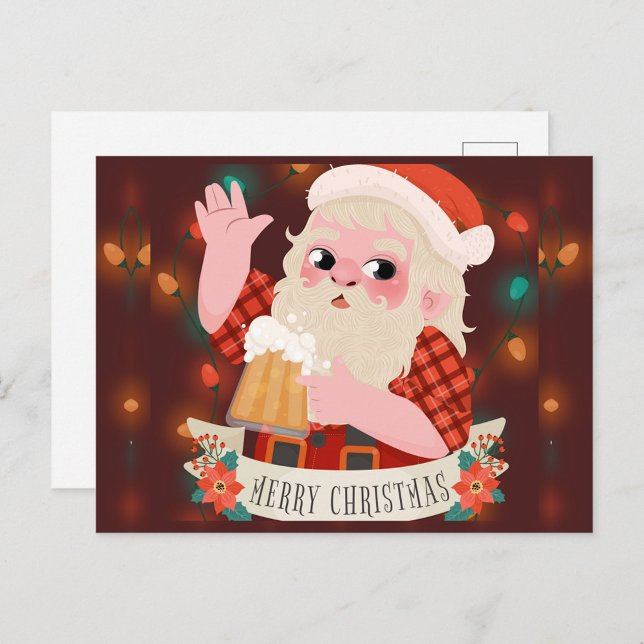 Cartes Pour Fêtes Annuelles Merry Christmas Santa Claus  (Santa Claus holding a beer Merry Christmas postcard!)