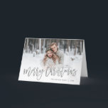 Cartes Pour Fêtes Annuelles Merry Christmas Silver Script Photo Overlay<br><div class="desc">Affordable custom printed Christmas photo cards with simple templates for customization. This stylish modern design features faux silver foil script Merry Christmas typography overlaid on your full bleed photo. Personalize it with your photos, family name, the year or other custom text. Please note that the faux foil is part of...</div>