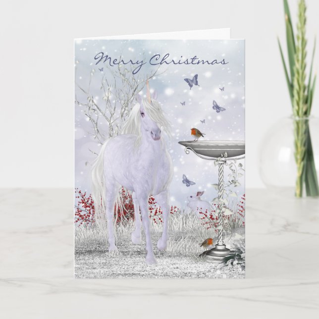 Cartes Pour Fêtes Annuelles Merry Christmas Winter Unicorne, Robins (Devant)