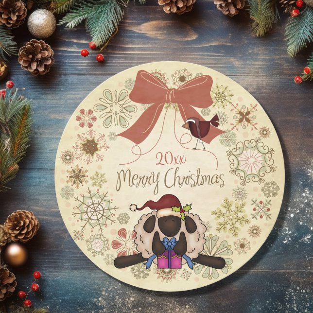 Cartes Pour Fêtes Annuelles Merry Christmas Wreath avec Père Noël Sheep et Bir (Front - Merry Christmas Wreath with Santa Sheep and Bird Holiday Card)