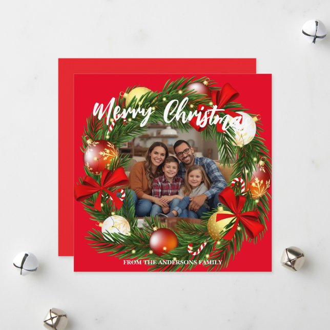 Cartes Pour Fêtes Annuelles Merry Christmas Wreath Photo Personalized Family N (Devant/Arrière en situation)