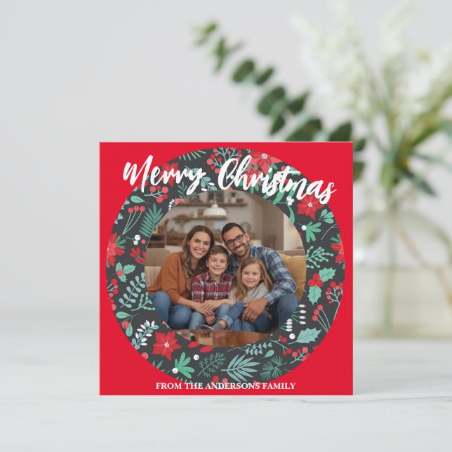 Cartes Pour Fêtes Annuelles Merry Christmas Wreath Photo Personalized Family N (Debout devant)