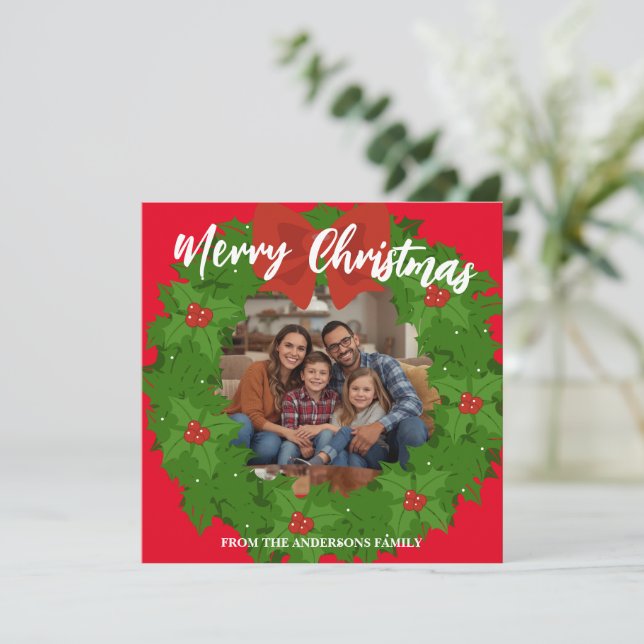 Cartes Pour Fêtes Annuelles Merry Christmas Wreath Photo Personalized Family N (Debout devant)