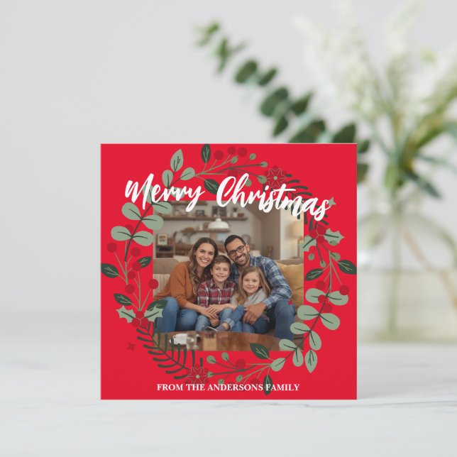 Cartes Pour Fêtes Annuelles Merry Christmas Wreath Photo Personalized Family N (Debout devant)