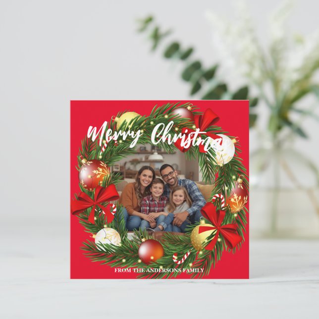 Cartes Pour Fêtes Annuelles Merry Christmas Wreath Photo Personalized Family N (Debout devant)
