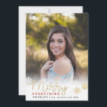 Cartes Pour Fêtes Annuelles Merry Everything Gold Vertical Photo Holiday Card<br><div class="desc">This beautiful card features your family photo,  snowflakes and greeting in gold.  Add your information using the template form. Use the customize feature to change the font and layout and to add text and photos to the back of the card.</div>