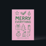 Cartes Pour Fêtes Annuelles Merry Everything Pink Green Doodle croquis Ajouter<br><div class="desc">Cette carte de vacances présente un aménagement moderne et propre, avec des icônes simples dessinées à la main en rose et vert - cadeaux, ornements, saints, arbre de Noël - parfaits pour envoyer des souhaits joyeux sans être trop traditionnel. Conçu pour les familles qui veulent une carte saisonnière ludique et...</div>