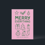 Cartes Pour Fêtes Annuelles Merry Everything Pink Green Doodle croquis Ajouter<br><div class="desc">Cette carte de vacances présente un aménagement moderne et propre, avec des icônes simples dessinées à la main en rose et vert - cadeaux, ornements, saints, arbre de Noël - parfaits pour envoyer des souhaits joyeux sans être trop traditionnel. Conçu pour les familles qui veulent une carte saisonnière ludique et...</div>