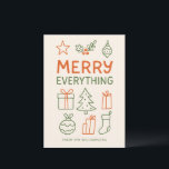 Cartes Pour Fêtes Annuelles Merry Everything Red Green Doodle Croquis Ajouter<br><div class="desc">Cette carte de vacances présente un aménagement moderne et propre, avec des icônes simples dessinées à la main en rouge et vert - cadeaux, ornements, saints, arbre de Noël - parfaits pour envoyer des souhaits joyeux sans être trop traditionnel. Conçu pour les familles qui veulent une carte saisonnière ludique et...</div>