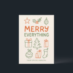 Cartes Pour Fêtes Annuelles Merry Everything Red Green Doodle Croquis Ajouter<br><div class="desc">Cette carte de vacances présente un aménagement moderne et propre, avec des icônes simples dessinées à la main en rouge et vert - cadeaux, ornements, saints, arbre de Noël - parfaits pour envoyer des souhaits joyeux sans être trop traditionnel. Conçu pour les familles qui veulent une carte saisonnière ludique et...</div>