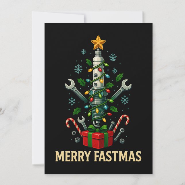Cartes Pour Fêtes Annuelles Merry Fastmas Spark Plug Christmas Tree Mechanic  (Devant)