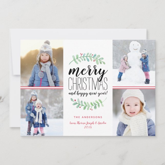 Cartes Pour Fêtes Annuelles Merry Garland Holiday 4 Photo Collage Card (Devant)