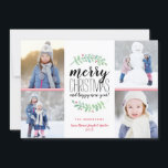 Cartes Pour Fêtes Annuelles Merry Garland Holiday 4 Photo Collage Card<br><div class="desc">Carte de vacances stylish et festive qui comporte une typographie empilée qui dit : "Joyeux Noël et bonne année." Personnalisez avec vos propres photos et texte. Doté de nos lauriers d'aquarelle peints à la main avec des baies rouges. Un motif geo rouge branché sur le dos apporte une touche spéciale....</div>