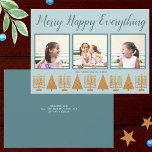 Cartes Pour Fêtes Annuelles Merry Gold Blue Simple 3 Photo Collage<br><div class="desc">Personnalisez ces 3 cartes de fin de année de collage photo dans un design interconfessionnel simple or et bleu pastel Joyeux Joyeux Tout. Une police stylisée manuscrite en bleu profond avec une légère ombre en blanc ajoute de l'intérêt et la rangée de cinq Menorahs en faux or et quatre arbres...</div>