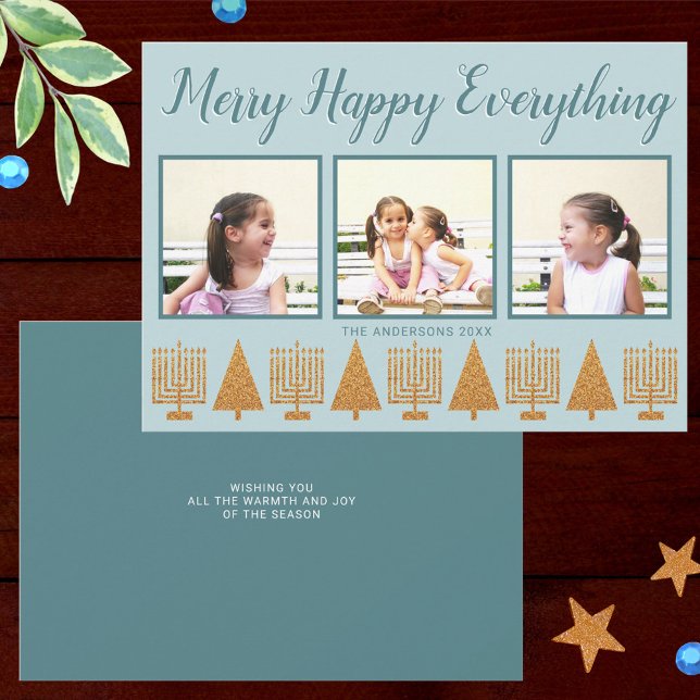 Cartes Pour Fêtes Annuelles Merry Gold Blue Simple 3 Photo Collage (Faux gold trees and menorahs highlight your three photos on these custom holiday cards)