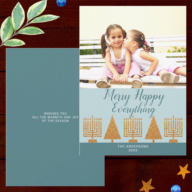 Cartes Pour Fêtes Annuelles Merry Gold Blue Stylish Ajouter Votre Photo (Easy to personalize with your photo and custom text)