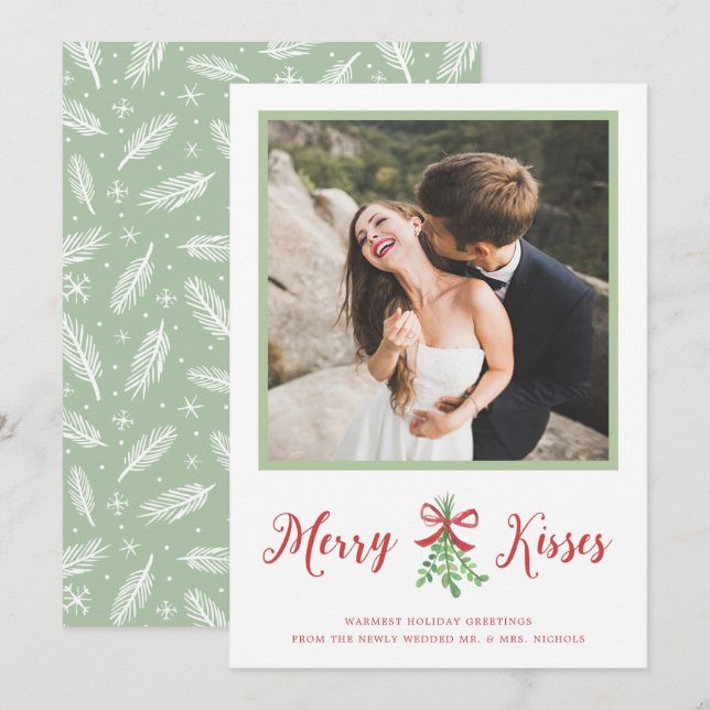 Cartes Pour Fêtes Annuelles Merry Kisses Mistletoe nouvellement mariée Photo d (Devant / Derrière)