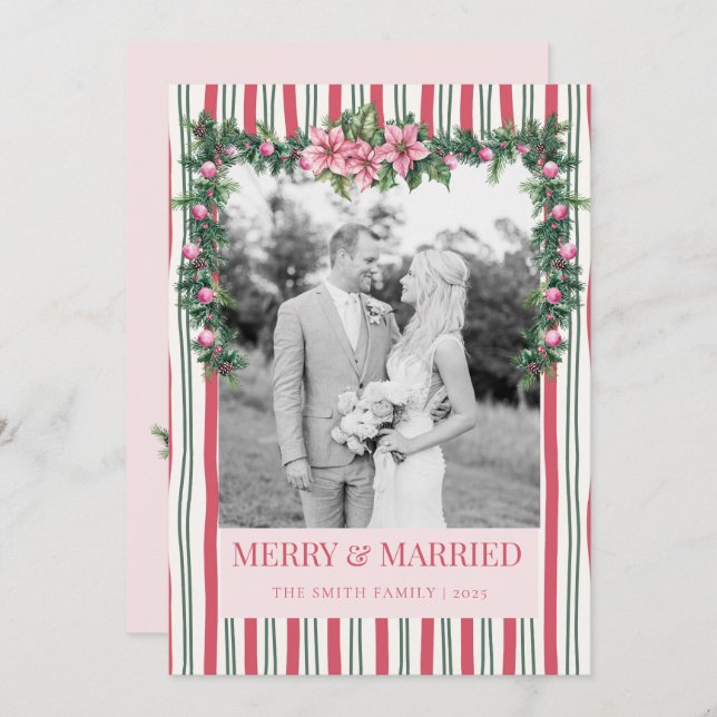 Cartes Pour Fêtes Annuelles Merry & Married Christmas Garland Striped Photo (Devant / Derrière)