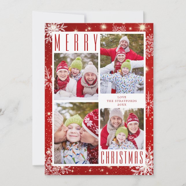 Cartes Pour Fêtes Annuelles MERRY NOËL 4 Photo Collage Snowflakes Rouge (Devant)