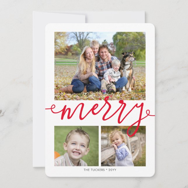 Cartes Pour Fêtes Annuelles MERRY Script 3 photos Snowflakes Red Christmas (Devant)