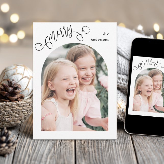 Cartes Pour Fêtes Annuelles Merry Whimsical Script Simple Arch Photo Christmas (Créateur téléchargé)