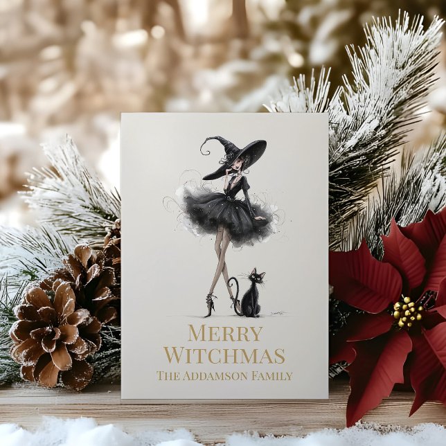 Cartes Pour Fêtes Annuelles Merry Witchmas Gothic Witch Custom Greeting Card (Merry Witchmas Gothic Witch Custom Greeting Card on a wooden table with Christmas decoration)