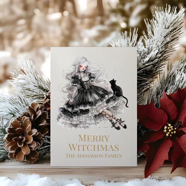 Cartes Pour Fêtes Annuelles Merry Witchmas Gothic Witch Custom Holiday Card (Merry Witchmas Gothic Witch Custom Holiday Card on a wooden table with Christmas decoration)