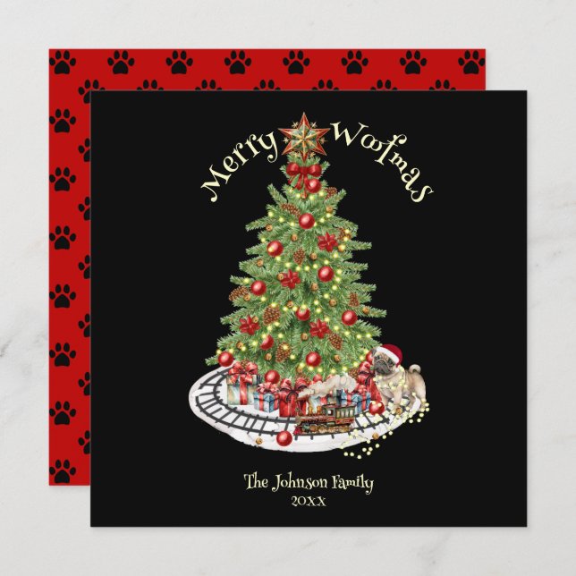 Cartes Pour Fêtes Annuelles Merry Woofmas Chien Design - Carlin (Devant / Derrière)
