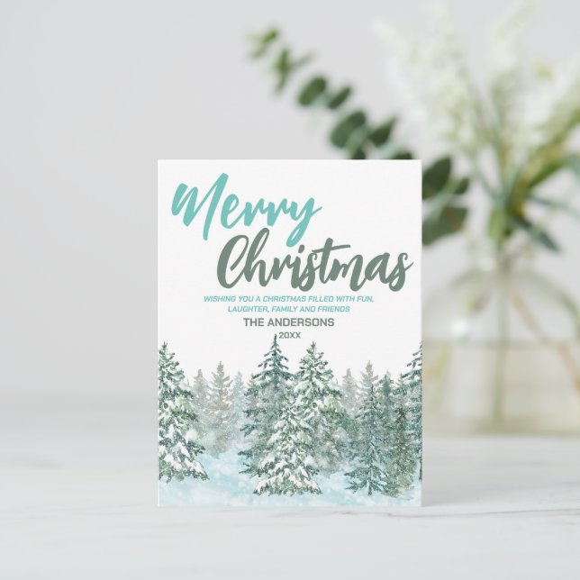 Cartes Pour Fêtes Annuelles Merry xmas Aquarelle forêt vert moderne salut (Debout devant)