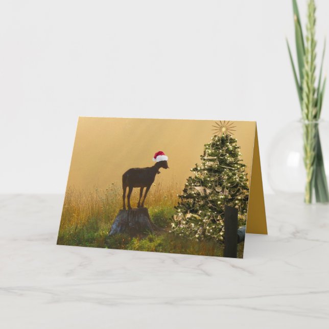 Cartes Pour Fêtes Annuelles Merveilles de chèvre solitaire à l'arbre de Noël (Devant)