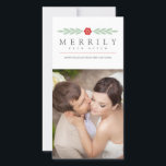Cartes Pour Fêtes Annuelles Merveilleusement Jamais Après Simple Moderne Nouve<br><div class="desc">Design simple et élégant,  avec une fleur et des feuilles en rouge-orange et vert menthe. Le texte (qui peut être customisé) dit : "Merrily Ever After." La photo du modèle doit être remplacée par votre propre image avant l'achat.</div>