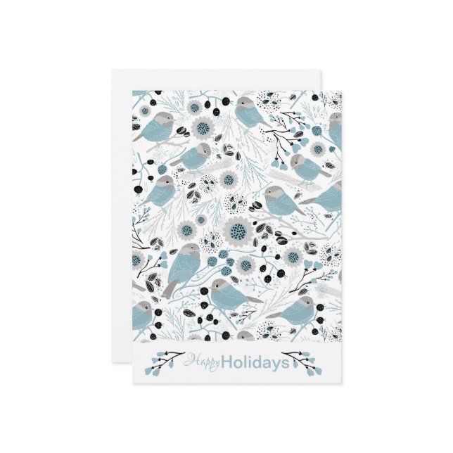 Cartes Pour Fêtes Annuelles Mésanges Oiseaux Mignons Bleu Gris Fleurs Baies (Devant/Arrière en situation)